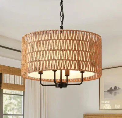 SILJOY 19,7 pulgadas Lámpara de araña bohemin amarilla de ratán de 4 luces para vestíbulo comedor Foto 1 de 4