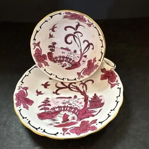 Royal Chelsea Cup & Saucer Pink Black Asian Oriental Scene Vintage Gold Gilt - Picture 1 of 8