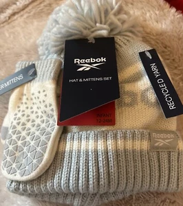 Reebok Blue & Cream Striped Bobble Hat & Mittens Set ~ Knitted Age 12-24 Months - Picture 1 of 4