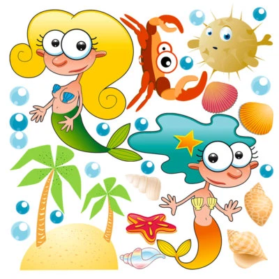 Sirene isola pesci stelle conchiglie adesivi murali cameretta wal sticker 30 PZ. - Immagine 1 di 2