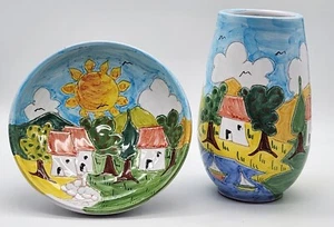 Palermo Sicily Ceramic Pottery Utensil Holder & Bowl Hand Painted Folk Art Italy - Picture 1 of 24