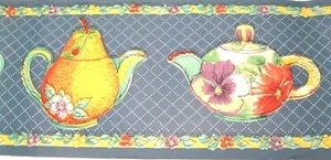 WALLPAPER BORDER Cute Country Teapots Vegetable Flower Blue EH99913 KITCHEN - Picture 1 of 2