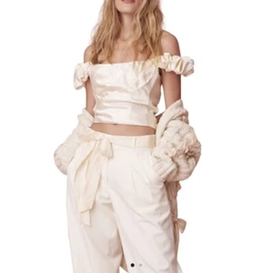 LOVESHACKFANCY Womens NWT Ileana Satin Cropped Off Shoulder Top Ivory Size 8 - Picture 1 of 9