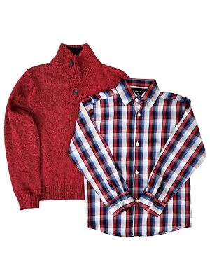 Conjunto de camisa y suéter con botones a cuadros rojos, blancos y azules Izod para niños Foto 1 de 2