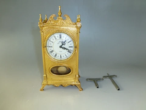 EXC ANTIQUE GERMAN GOLD GILT CASE MECHANICAL CARRIAGE SWING PENDULUM 8 DAY CLOCK Cover