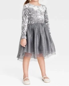 Cat & Jack Dress Girl Velour Tulle Long Sleeve Dress 6/6X Gray Silver Xmas EUC - Picture 1 of 7