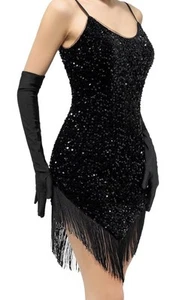 Women's 1920s Black Sequin Flapper Dress Fringed Great Gatsby Dress V Neck Large - Picture 1 of 6
