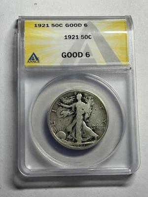 1921 年 P 版步行自由女神半美元 50 美分 ANACS G6 密钥日期 — 第 1/4 张图片
