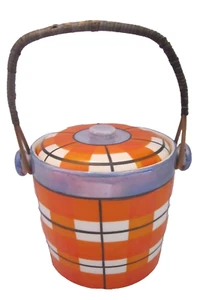 Vintage Blue & Orange Lusterware Jar Canister w/Lid & handle. Checkered. 5" tall - Picture 1 of 3