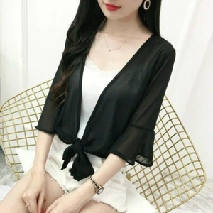 Women Ruffle Lace Cardigan Sheer Chiffon Cape Shrug Mesh Bolero Flare Sleeve - Picture 1 of 10