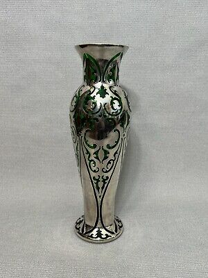 Vintage Art Nouveau Sterling Silver Overlay Green Art Glass Vase, 14 1/4  Tall • 643.81$