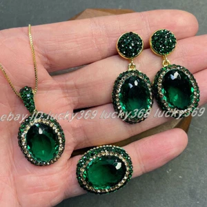 Faceted Zircon Crystal Gemstone Inlay Earrings + Ring + Pendant Necklace Set AAA - Picture 1 of 31