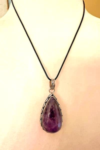 Stunning Teardrop Charoite Pendant with Black Cord Necklace set .925 SS - Picture 1 of 3