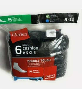 Hanes Men's Cushion Ankle Socks (Size 6-12, 6-Pack) Black White