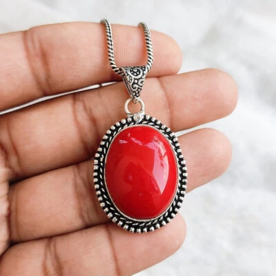Belli Corallo Rosso Gemma 925 Argento Sterling Fatto a Mano Ciondolo - Immagine 1 di 4