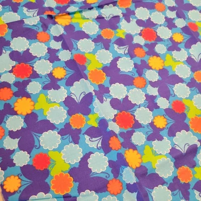 Cotton Fabric 18x44 Purple Butterflies Orange Blue Flowers Quilting Sewing Blue - Image 1 of 4