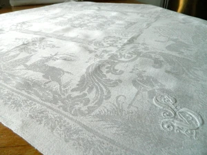 antik große Leinendamast Serviette 78 x 78 cm Jagdmotive eingesticktes Monogramm - Bild 1 von 8