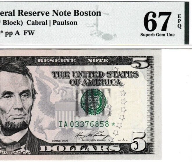 2006  $5  Federal Reserve Note STAR ⭐ Serial Numbers IA 03376858*  BOSTON PMG 67 - Image 1 of 3