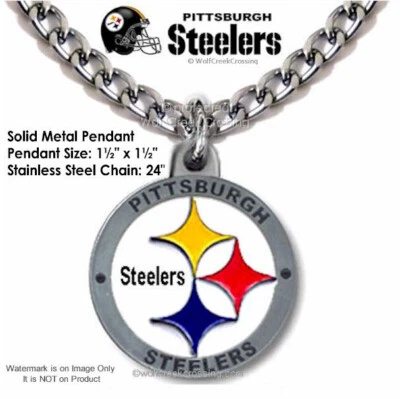 Large Pittsburgh Steelers Necklace Stainless Steel Chain NFL Football Metal Logo - Image 1 of 4