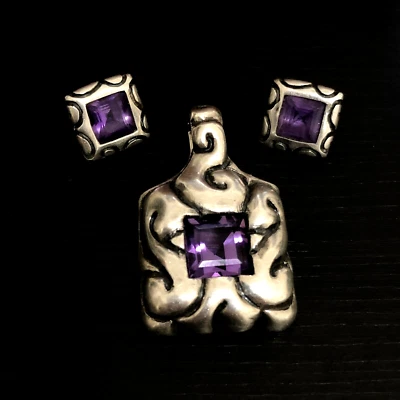 VINTAGE ORECCHINI E CIONDOLO IN ARG 925 VINTAGE SILVER EARRINGS PENDANT AMETHYST - Immagine 1 di 2