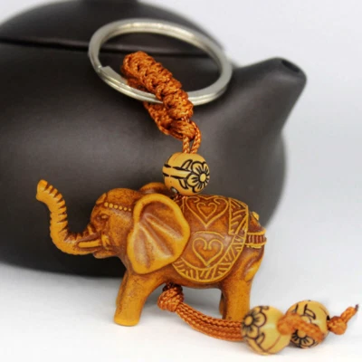 Lucky Elephant Carving Wooden Pendant Keychain Key Ring Chain Evil Defends Gift - Image 1 of 4