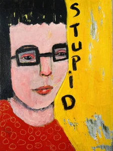 Woman Portrait Painting Bad Hair Day Stupid Haircut Original Outsider Art - Picture 1 of 16
