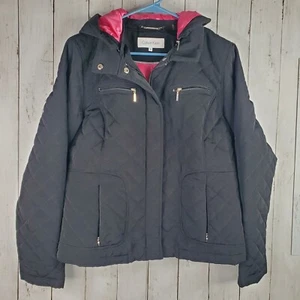 Calvin Klein Black Quilted Jacket Coat Removable Hood Women's Medium Lined Pink - Picture 1 of 12