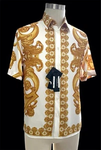 NWT VERSACE Barocco Men's Yellow/Gold Short Sleeve Silk Shirt - Picture 1 of 10