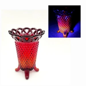 1930s Imperial Glass Diamond Point Ruby Red Amberina Footed Vase Laced Edge GLOW - Picture 1 of 9