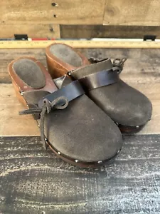 Vtg American Eagle 90s Y2K Brown Suede Wooden Clogs Sz 7 Chunky Heel Brazil - Picture 1 of 9