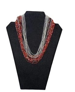 Vintage Multilayered Multi Layer Seed Bead Clear Red Multicolor Choker Necklace  - Picture 1 of 12