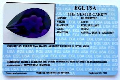0.89Ct Pear Brilliant Shape Purple Natural Quartz Amethyst Certified By EGL USA  - Image 1 of 4