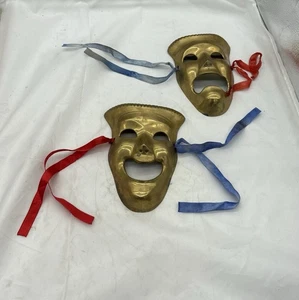 Pair Of Brass Drama Comedy Happy Sad Masks Art - Picture 1 of 5