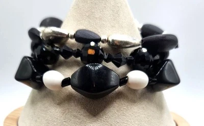 Black, White, Silver Beads, Crystal, Acrylic Beaded Bracelets - 3 - Image 1 of 3
