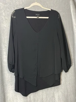 AB Studio Black Sheer Overlay Asymmetrical Hem Blouse Women’s XL Layered Top - Image 1 of 4