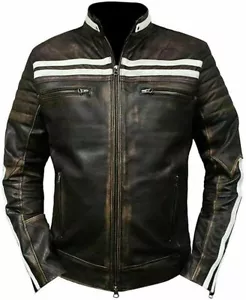 Retro Cafe Racer Biker Vintage Bomber Distress Braun Lederjacke - Bild 1 von 4