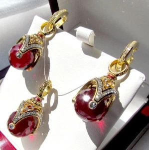 GARNET EARRINGS PENDANT SET HANDMADE RUSSIAN SOLID STERLING SILVER 925 24K GOLD - Picture 1 of 6