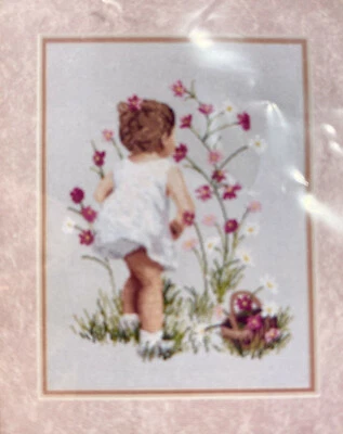 NEW 1995 Janlynn Girl With Cosmos 29-18 Counted Cross Stitch Kit 12x16 Vtg 10729 - Image 1 of 3