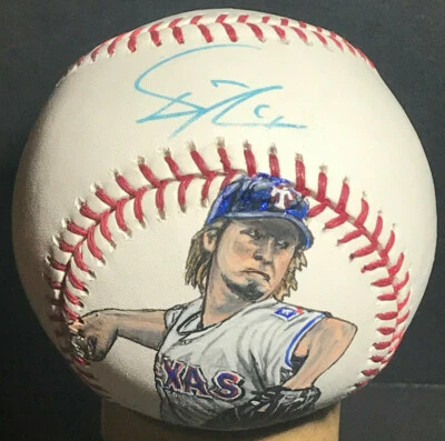 RARE Yu Darvish AUTOGRAPHED Baseball Painted by Artist Doug Brewer 2012 AUTO - Image 1 of 4