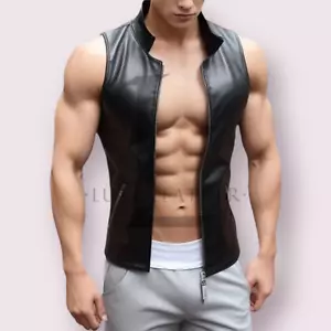 Black Gay Men Leather Vest In Real Sheep Leather Party Wear Vest Hot Gay LGBT - Picture 1 of 3