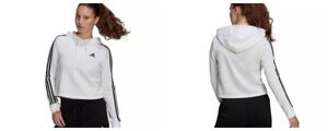 NWT $50 Adidas Women's White/Black Essentials 3-Stripes Cropped Hoodie  Sz.L