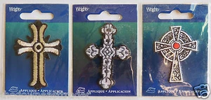 Set of 3 Gothic Cross Iron-On Embroidered Patch Appliques Wrights 2" to 2-1/4" - Picture 1 of 1