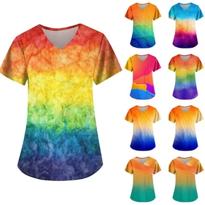 Womens Scrub Tops Print Nurse Uniform Tshirt V Neck Short Sleeve Tunic w/ Pocket - Picture 1 of 18