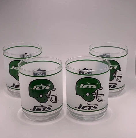 Set Of 4 - NEW YORK JETS Vintage 1980's Mobil Gas 12 oz Frosted NFL Rocks Glass Cover