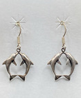 Vintage Sterling Silver Double Dolphin Kissing Dangle Earrings