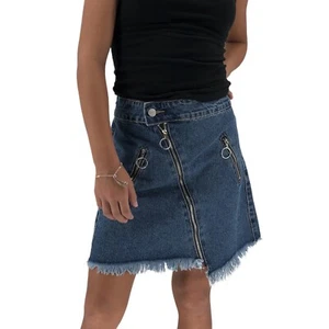 Nasty Gal MOMOKROM On The Down Low Denim Skirt w/ Fray Hem US Size 27 Zip Detail - Picture 1 of 8