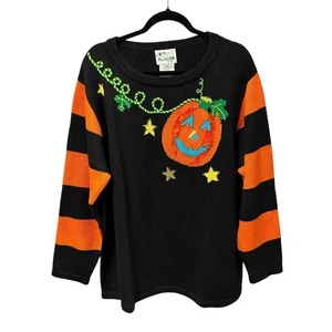 Vintage NWT The Quacker Factory Black Orange Pumpkin Pullover Sweater Womens 1X - Picture 1 of 5