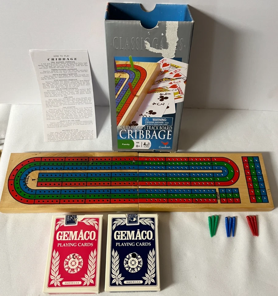 Cardinal Solid Wood CRIBBAGE Set Folding 3 Track Board w/ 2 Decks Playing Cards - Image 1 of 4