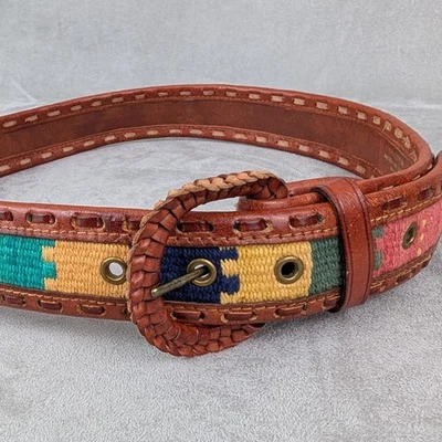 Vintage Handmade Belt Womens Medium - Leather Woven Fabric Boho Western Style - Image 1 of 4
