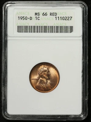 1950 D ANACS MS66RD Lincoln Cent - Image 1 of 3